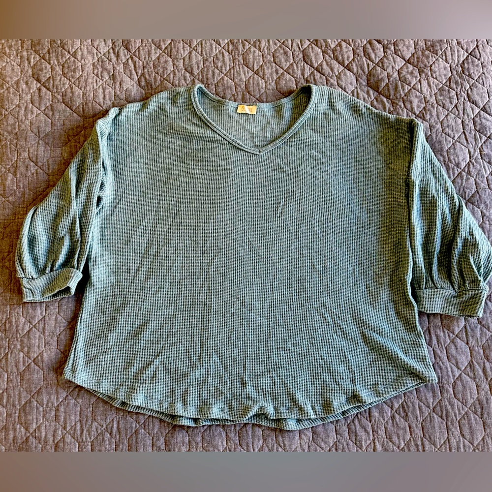 NWOT Be Stage waffle knit, heathered mint green sweatshirt with balloon sleeves